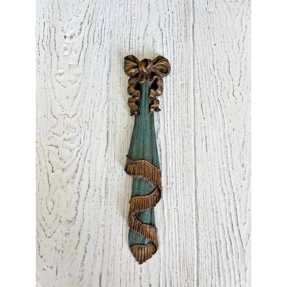 Vtg  Resin Wall Swag Gold & Turquoise Bow & Draped Fabric Tassel Wall Hanging